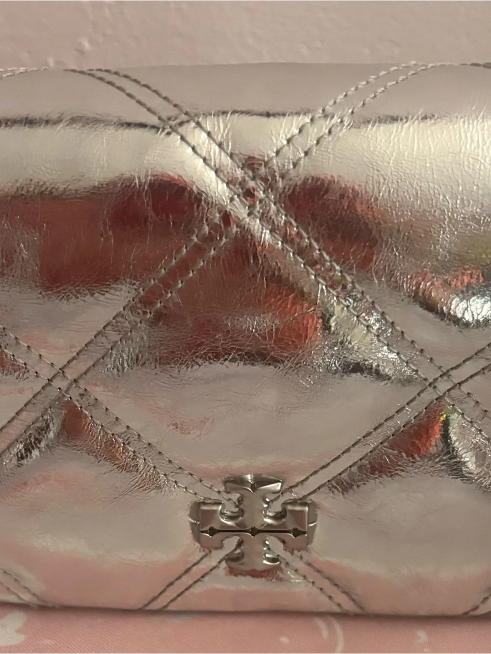 Tory Burch Metallic Silver Quilted Wristlet Clutch